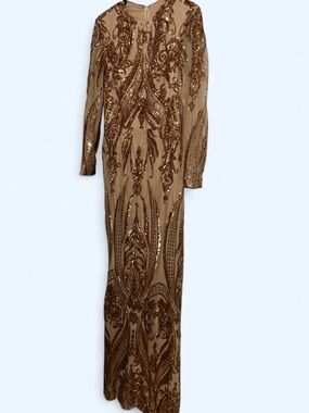 Long Sleeve Sequined Evening Gown in Nude and Bronze